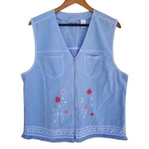 80's Boho Country Floral Embroidered Fray Fringed Lightweight Vest Top Sz L